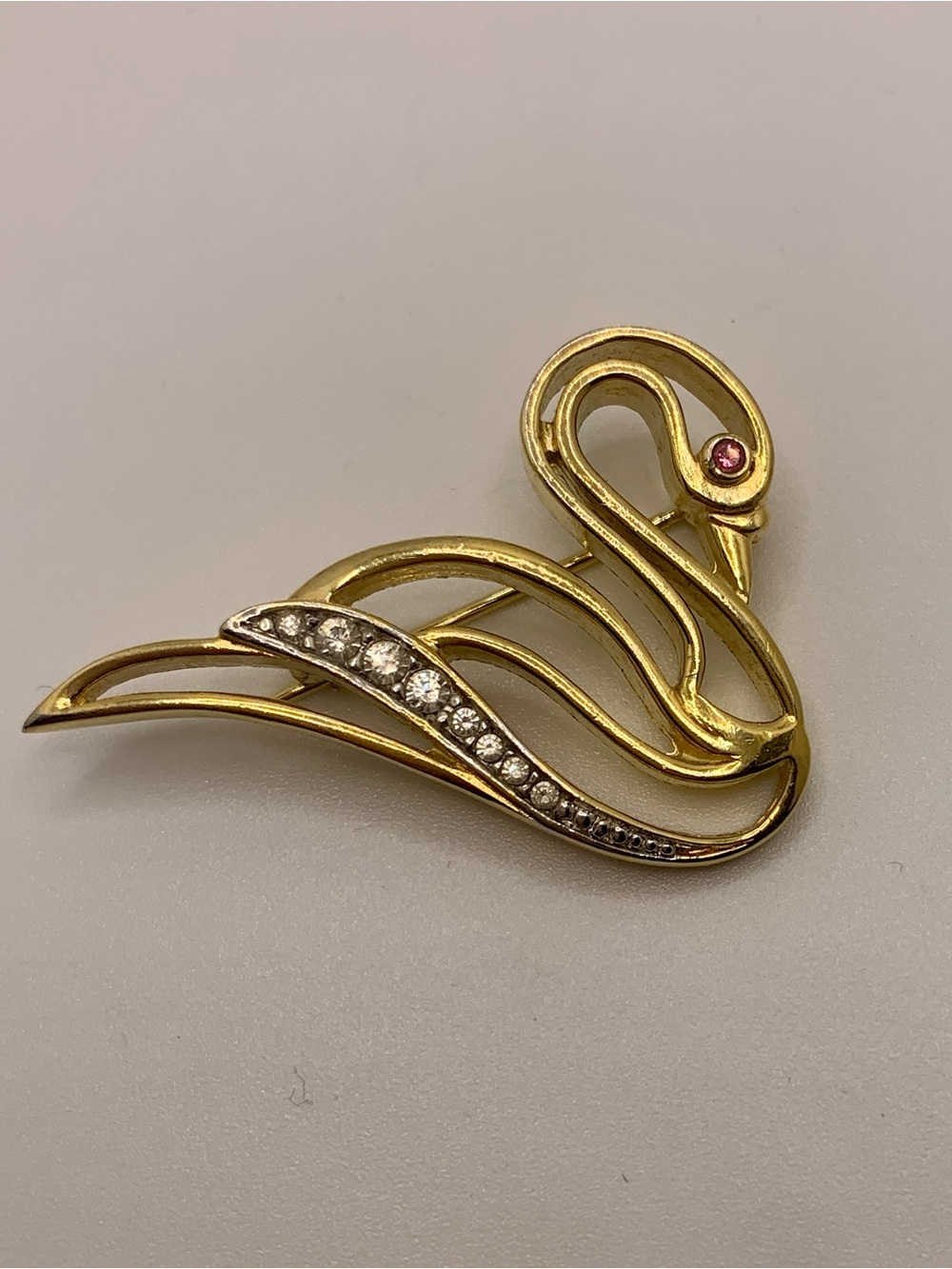Rachel Gold Swan Brooch with Swarovski Clear Crystals and Pink Stone Eye